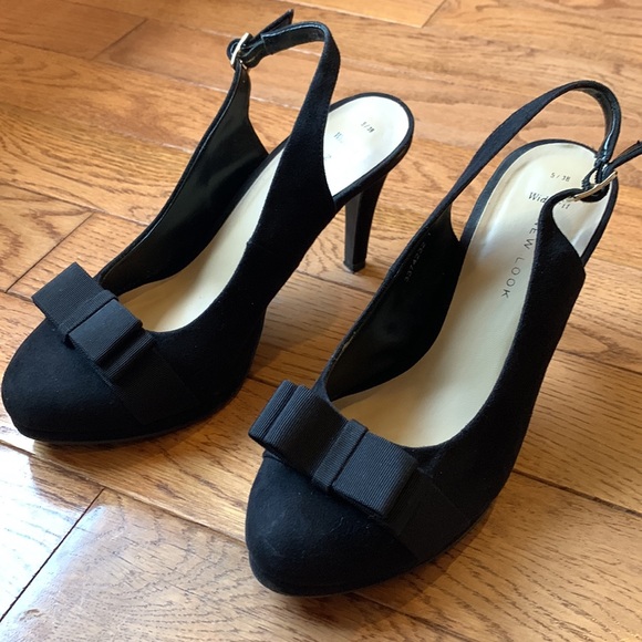 New Look Bow Front Black Suede Platform Wide Fit Heels - Picture 11 of 11